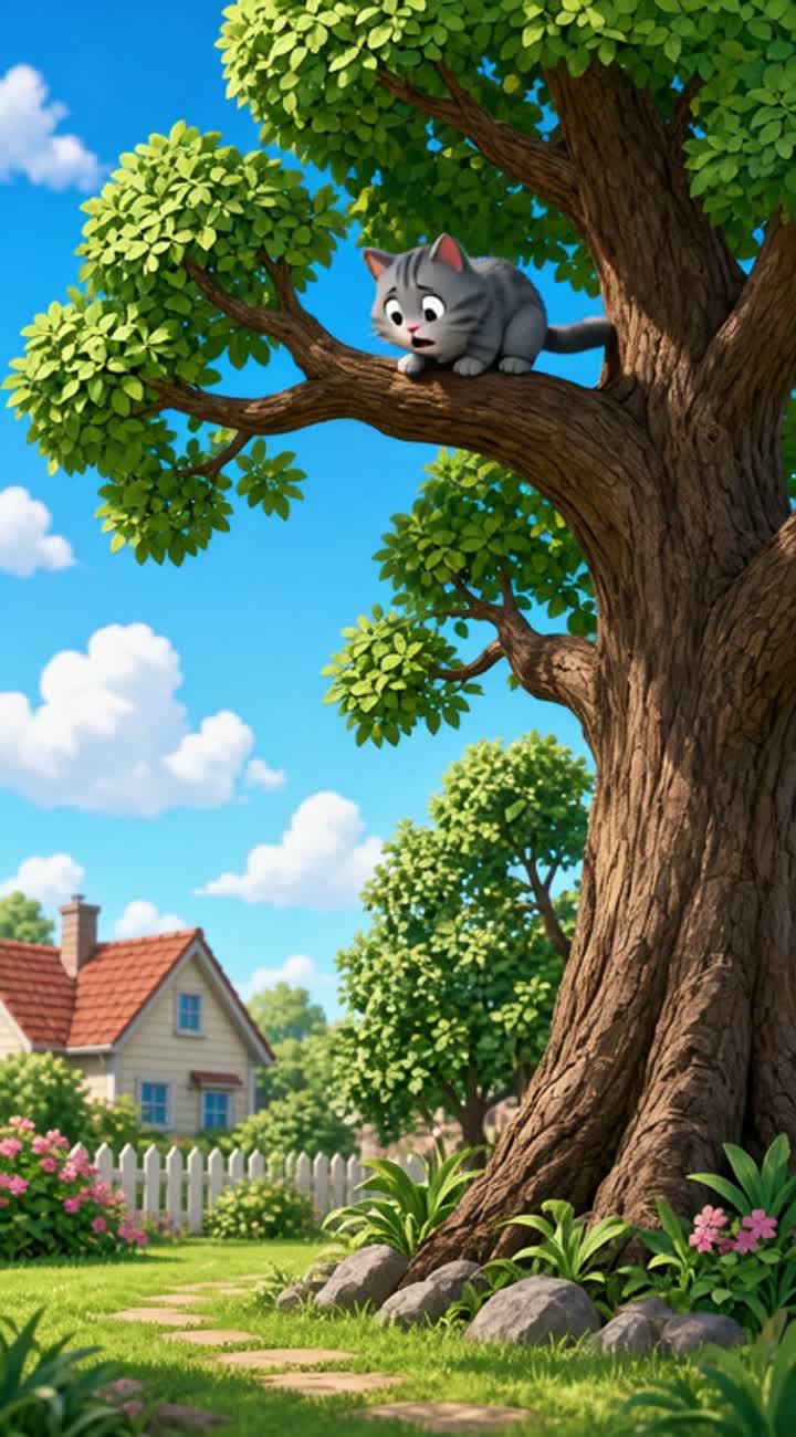 A grandma superhero saving her cat from a tree — AI cartoon