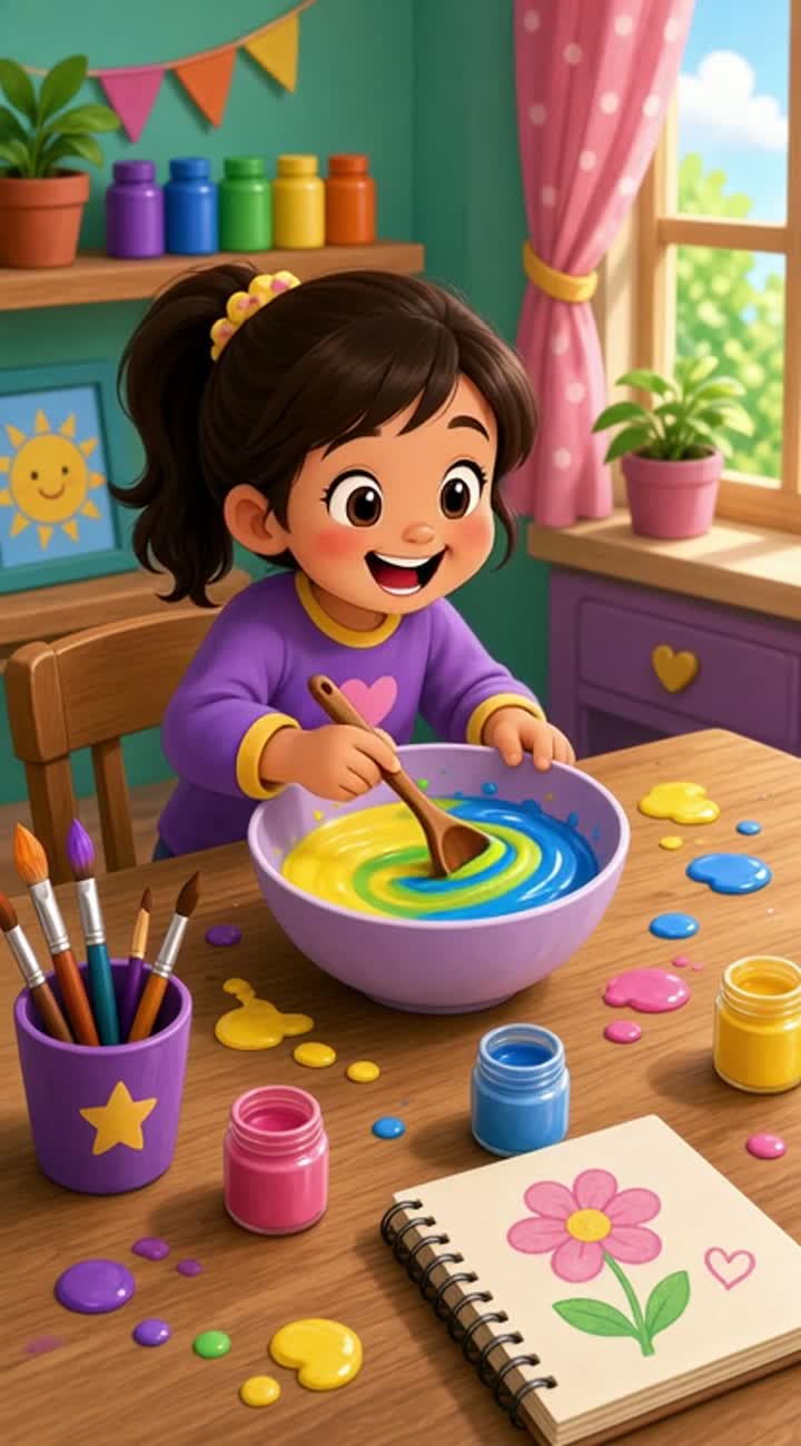 Color combination with a small girl mixing colors together — AI cartoon