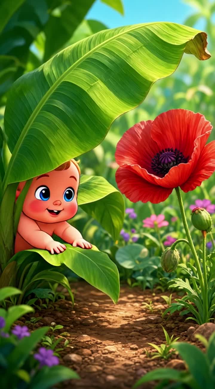 A crawling baby flew from a plantain leafs and landed infront… — AI cartoon