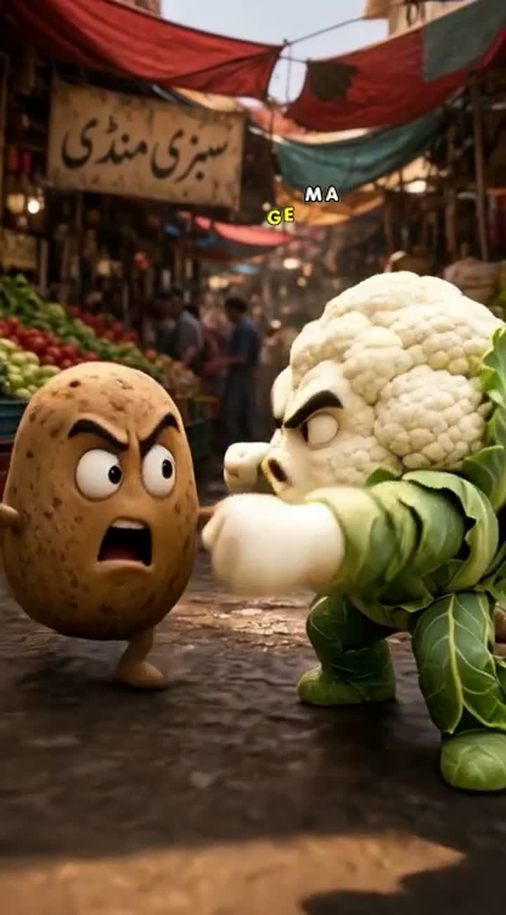 Intense 3D cartoon scene, Aloo angrily shouting while Gobhi steps… — AI cartoon
