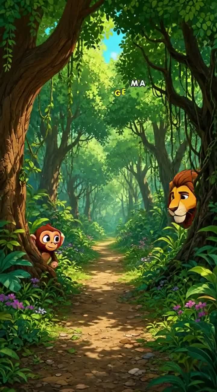 One monkey going in forest side one lion coming in opposite side — AI cartoon