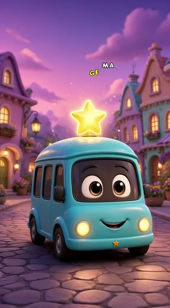 At magical dusk, a tiny rounded turquoise-blue mini bus with soft… — AI cartoon