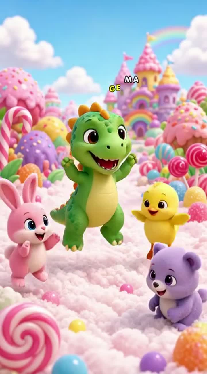 A super cute baby dinosaur with big sparkling eyes dances… — AI cartoon
