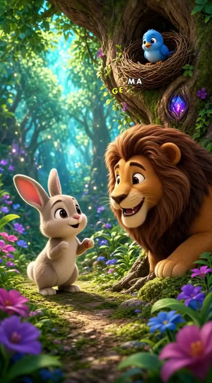 A cute 3D cartoon baby rabbit helps a little bird return… — AI cartoon