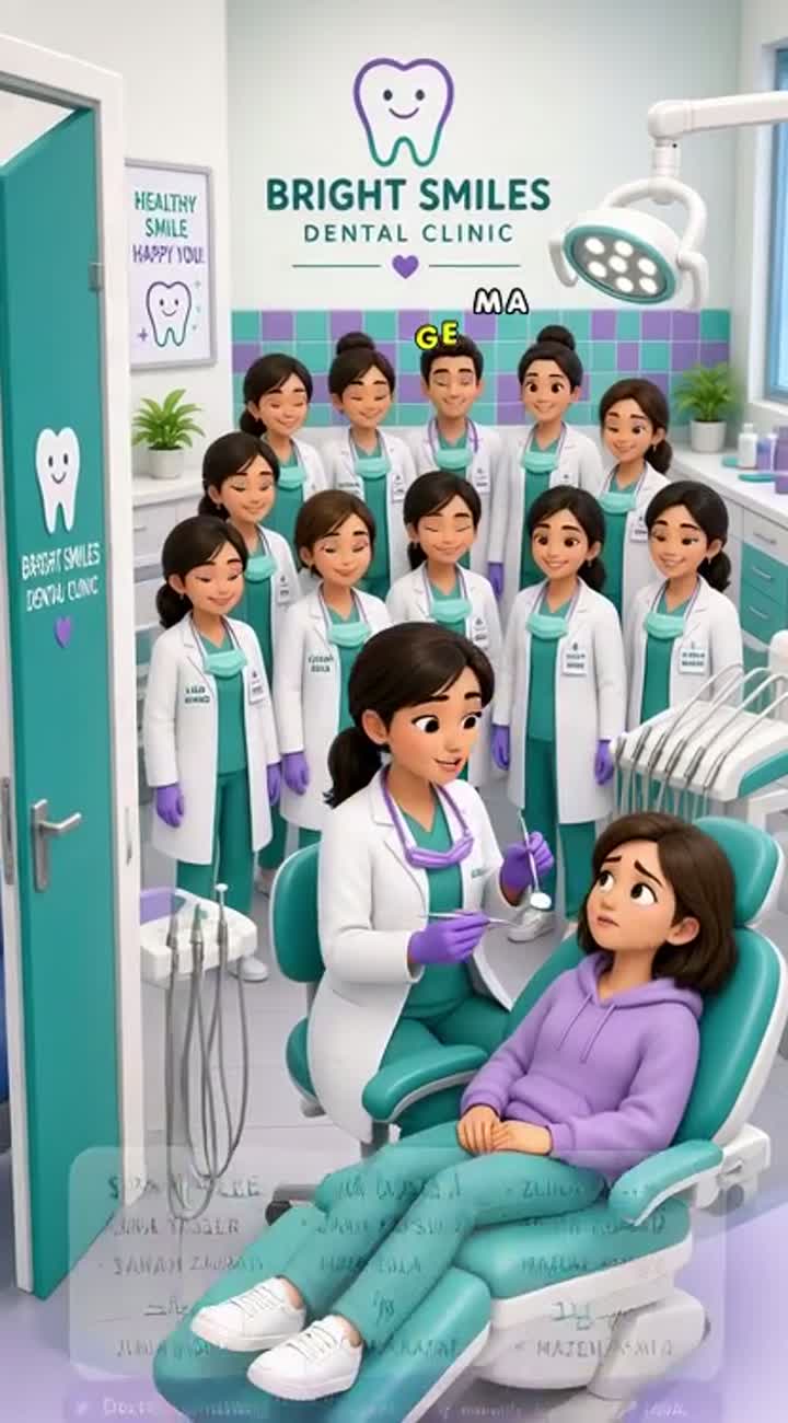 In a bright dental clinic, a clinic door opens and a patient walks… — AI cartoon