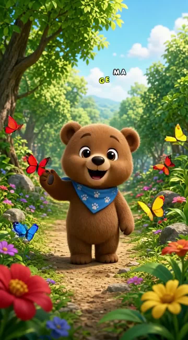 Colorful 3D cartoon video featuring Benny Bear… — AI cartoon