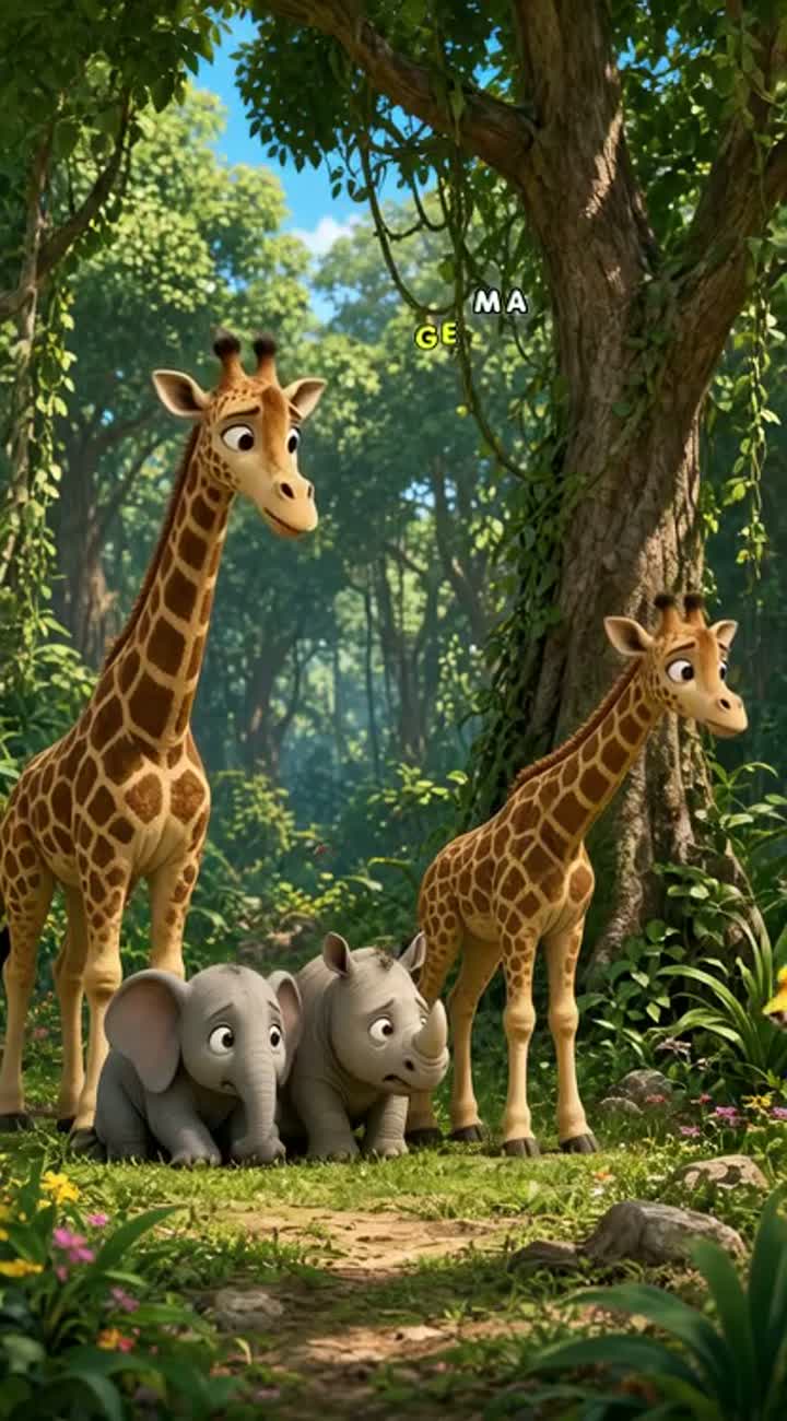 Ek jangal me ziraf or uska bacha or hathi ka bachha or gende… — AI cartoon