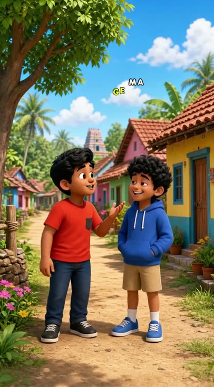 Vibrant, humorous Tamil cartoon video featuring two cute 3D… — AI cartoon