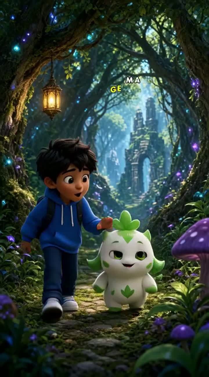A brave boy named Ayaan in a blue hoodie meets a cute… — AI cartoon