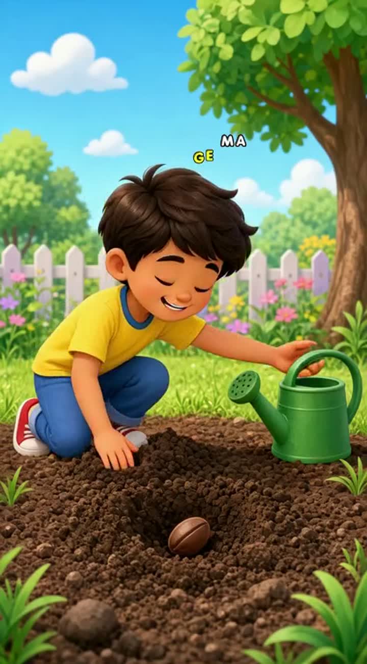 A child plants a seed, waters it, and discovers a beautiful flower — AI cartoon