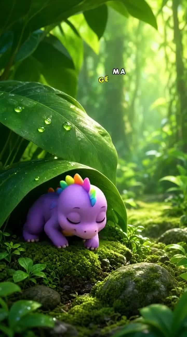 In a glowing green forest, a tiny purple baby dinosaur named Zumi… — AI cartoon