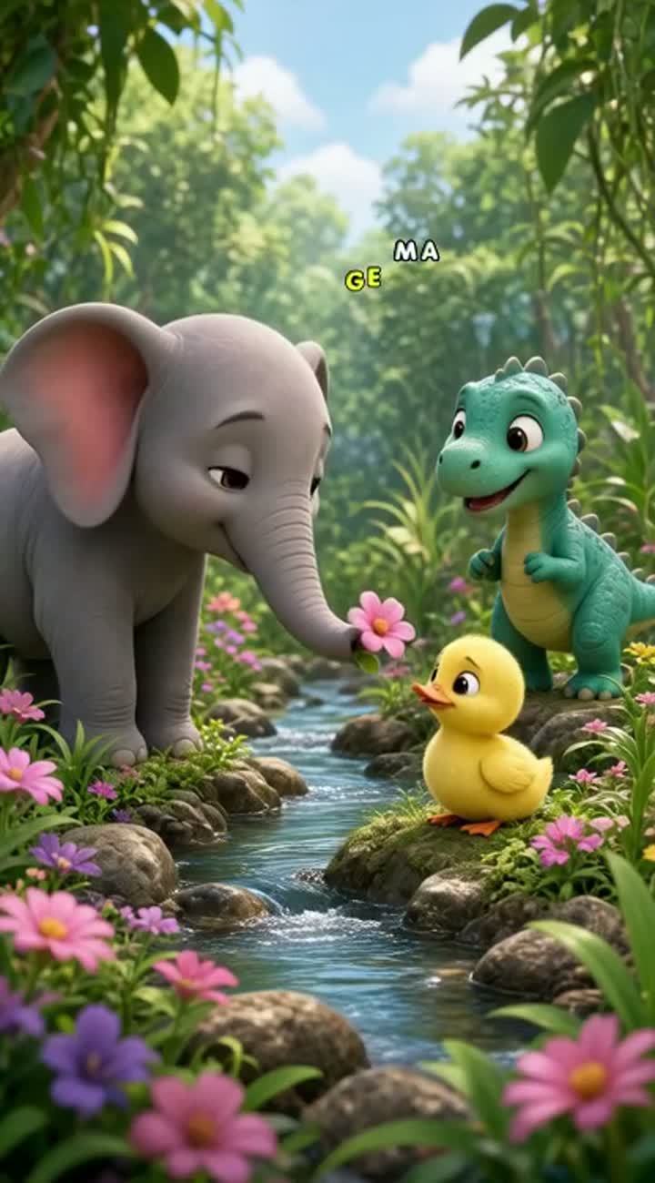 The baby elephant gently extends its trunk and offers the pink… — AI cartoon