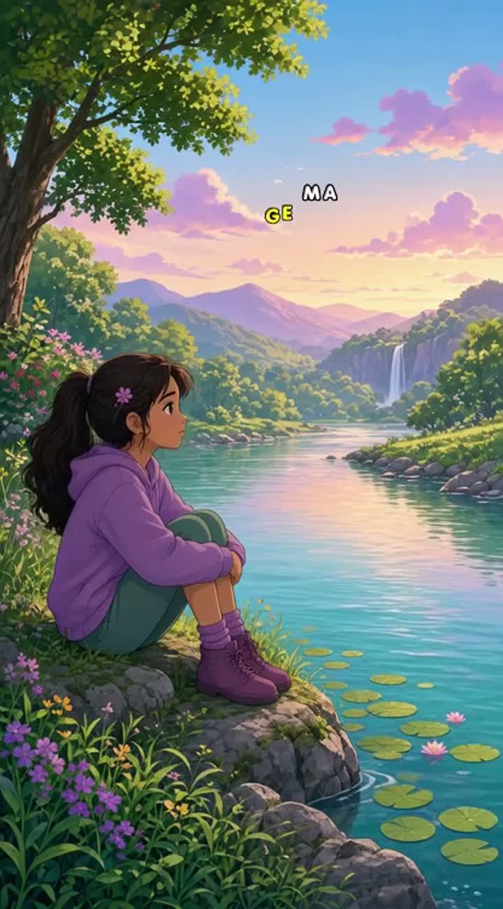 A girl sits beside a peaceful river, gazing into the distance as… — AI cartoon