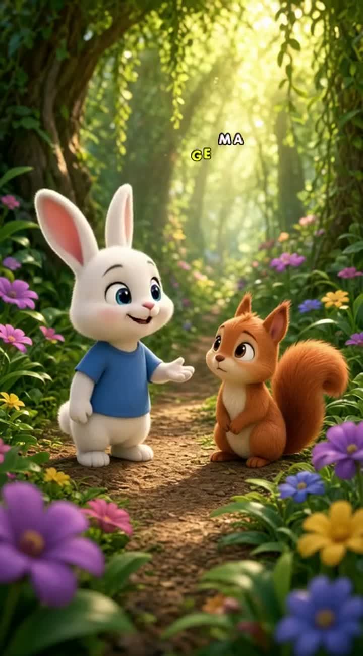 A tiny white rabbit wearing a blue shirt walks through a magical… — AI cartoon