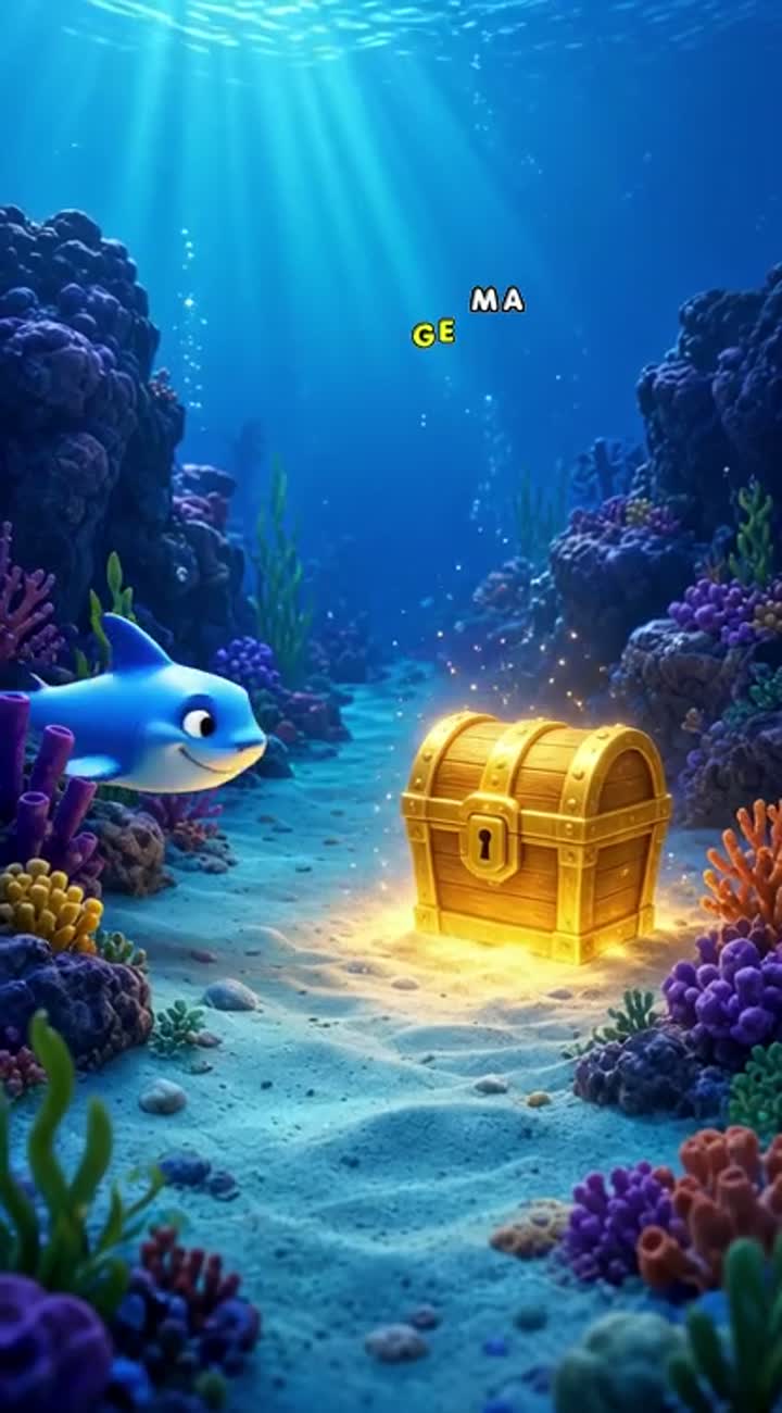 In the depths of a beautiful ocean, a little blue baby shark… — AI cartoon