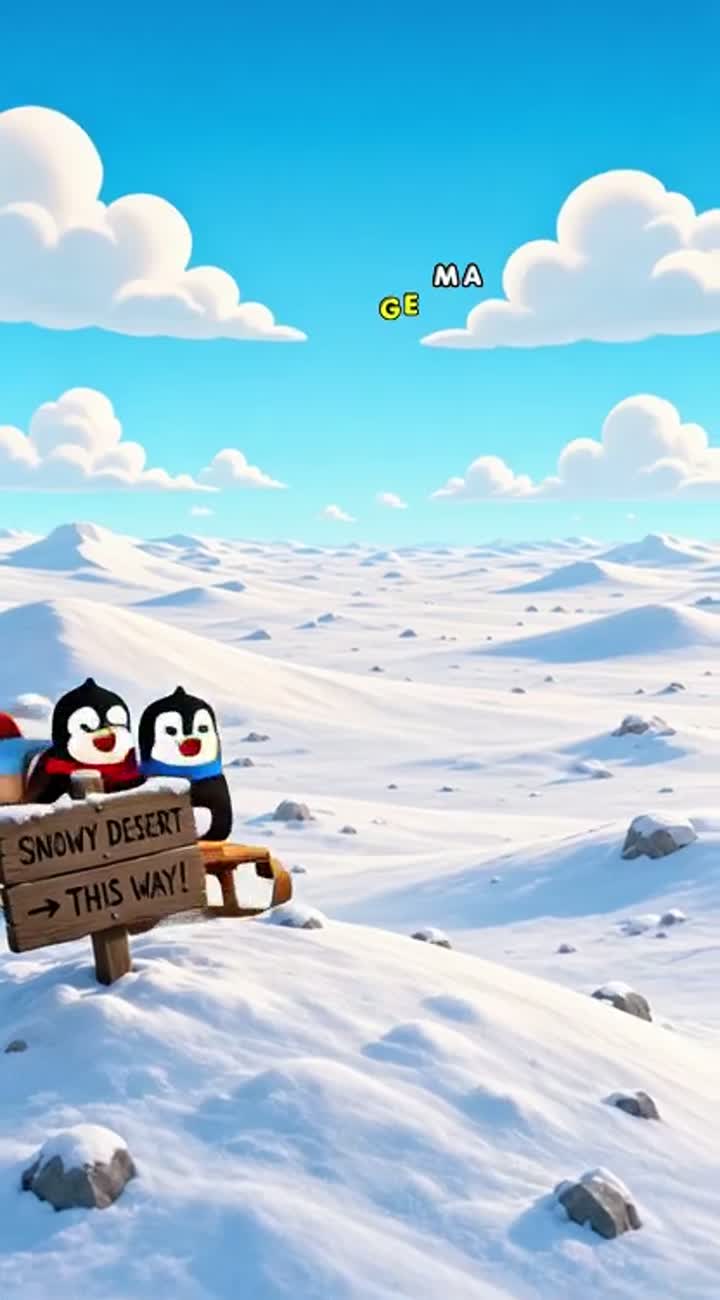 Two funny penguins racing with a homemade rocket sled in snowy… — AI cartoon