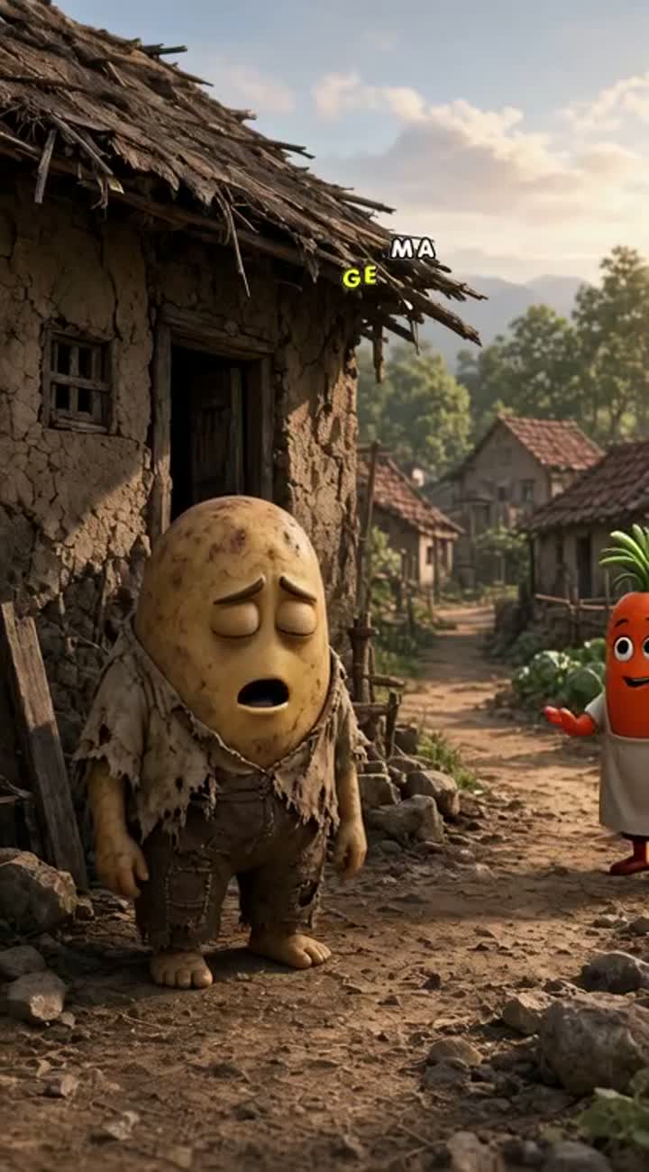 A poor potato character in a small village wears old… — AI cartoon