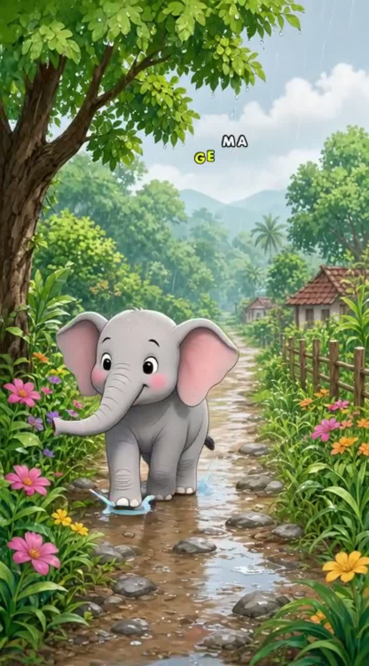 A vibrant, bright 2D children's cartoon in a rainy-season Indian… — AI cartoon