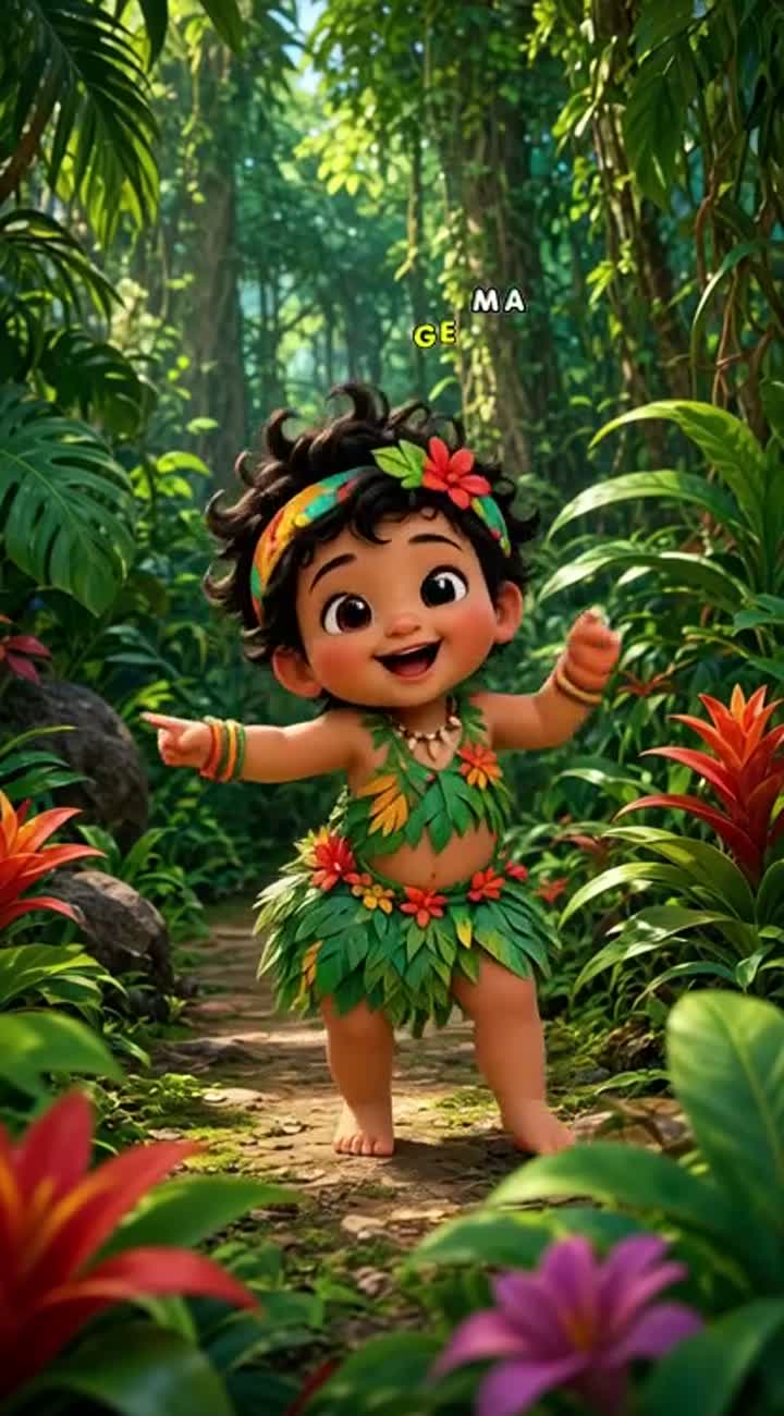 A cute little baby character dances joyfully in a lush… — AI cartoon