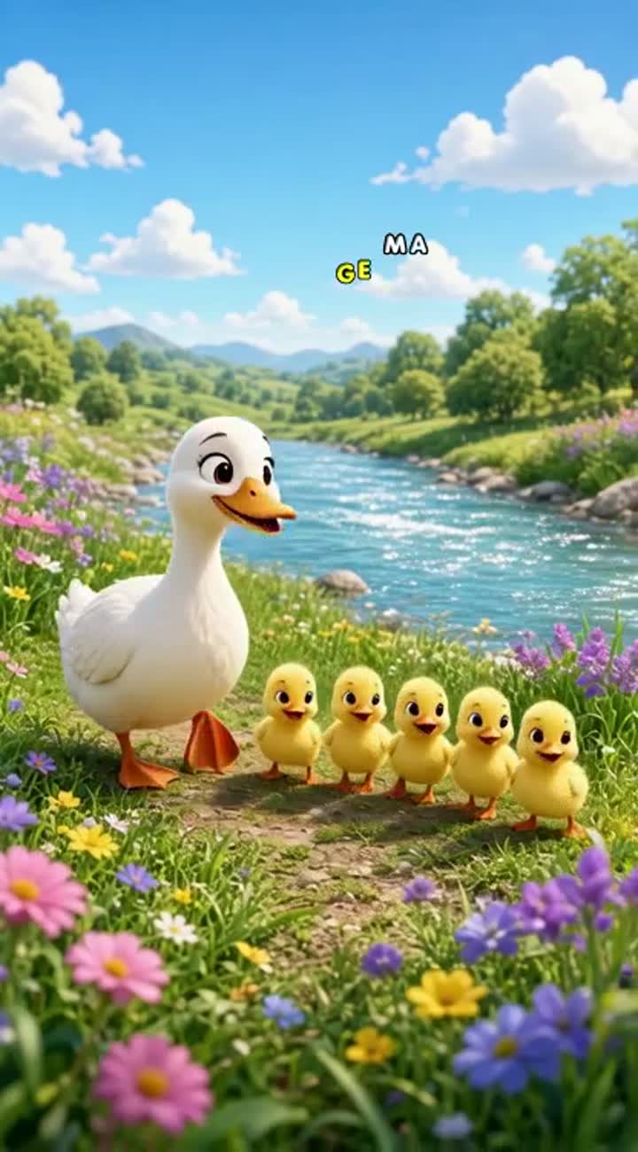 A cute mother duck walking beside five fluffy yellow ducklings… — AI cartoon