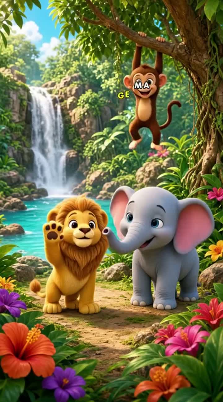 A cute golden lion cub named Leo meets a friendly baby elephant… — AI cartoon