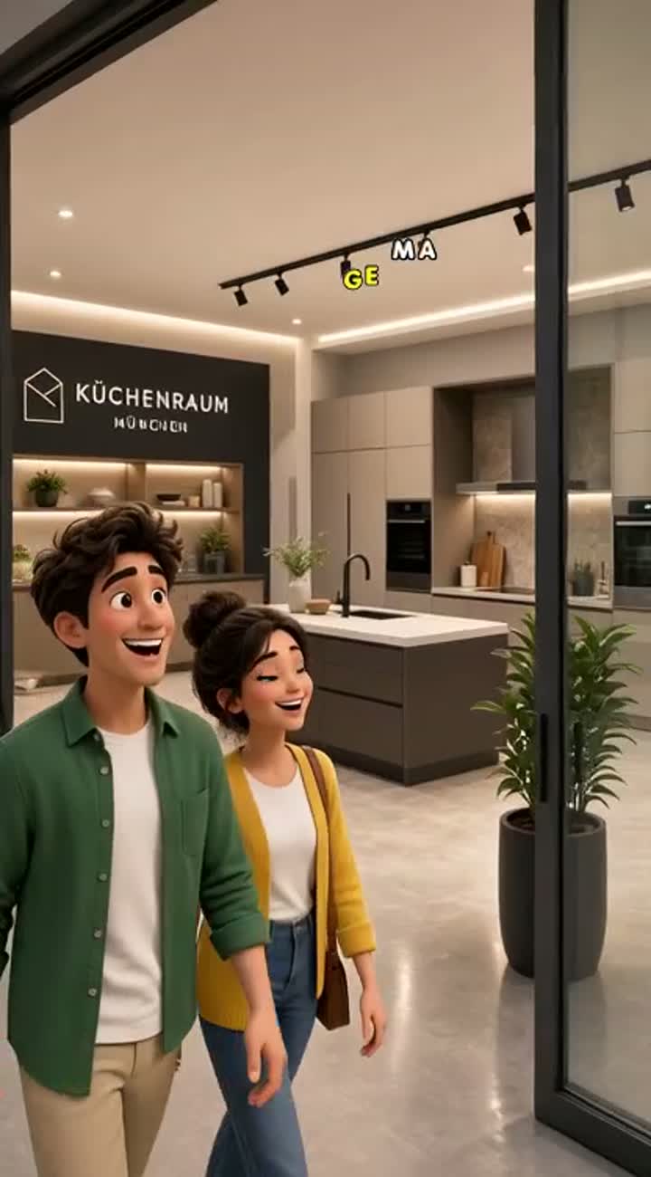 A happy young couple enters a beautiful modern kitchen showroom… — AI cartoon
