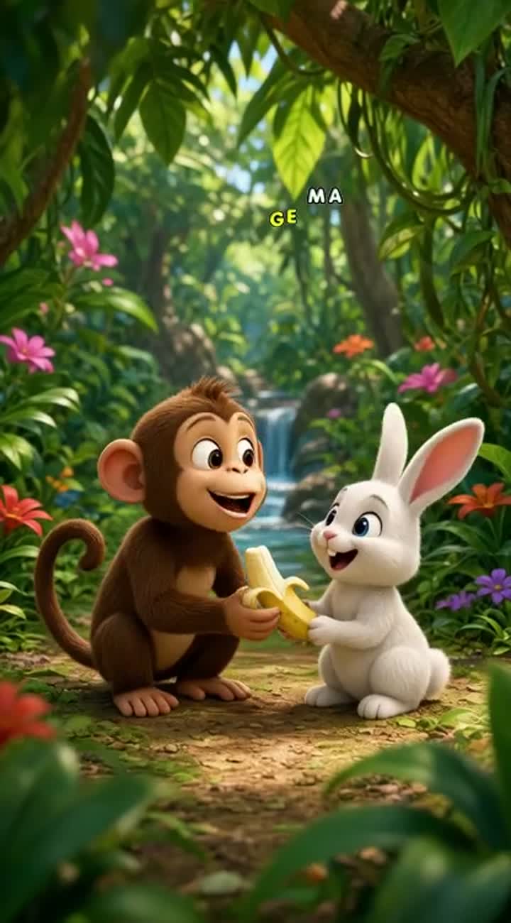 A funny 3d cartoon for kids about h cute monkey and little rabbit… — AI cartoon
