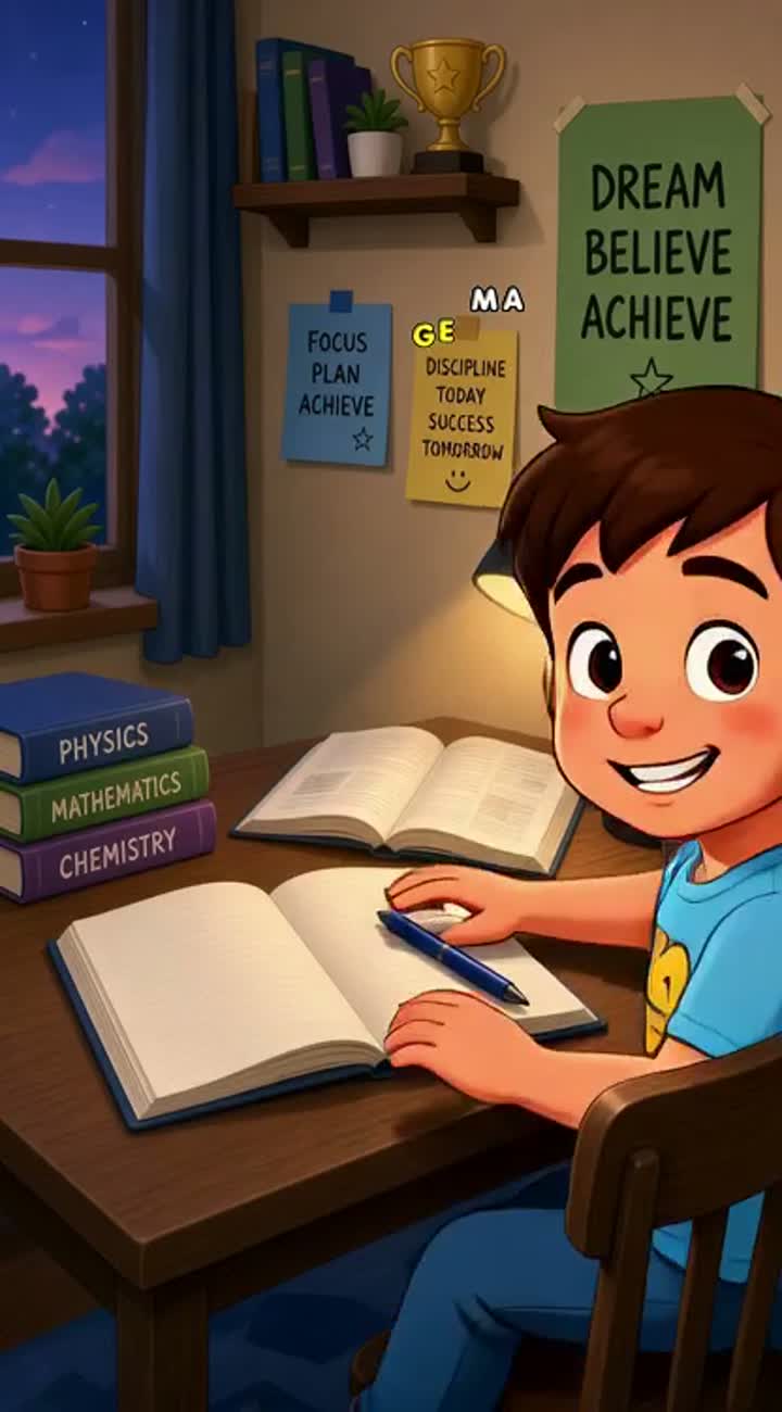 A boy is studying on his table sitting on chair sone books… — AI cartoon
