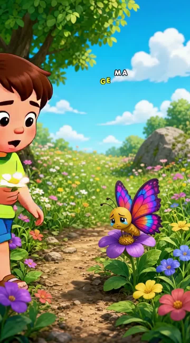 A little boy finds a sad, colorful butterfly with a broken wing — AI cartoon