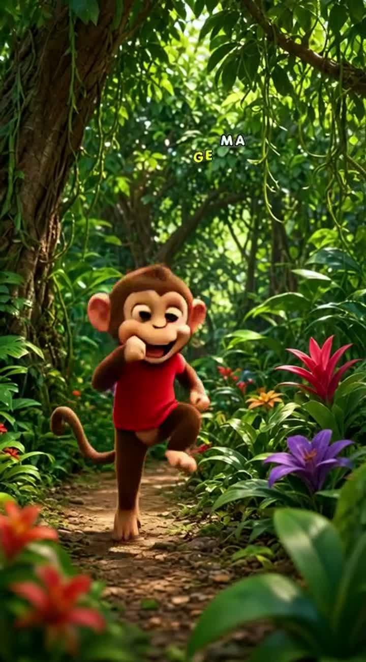 A cute little monkey wearing a red T-shirt dancing happily… — AI cartoon