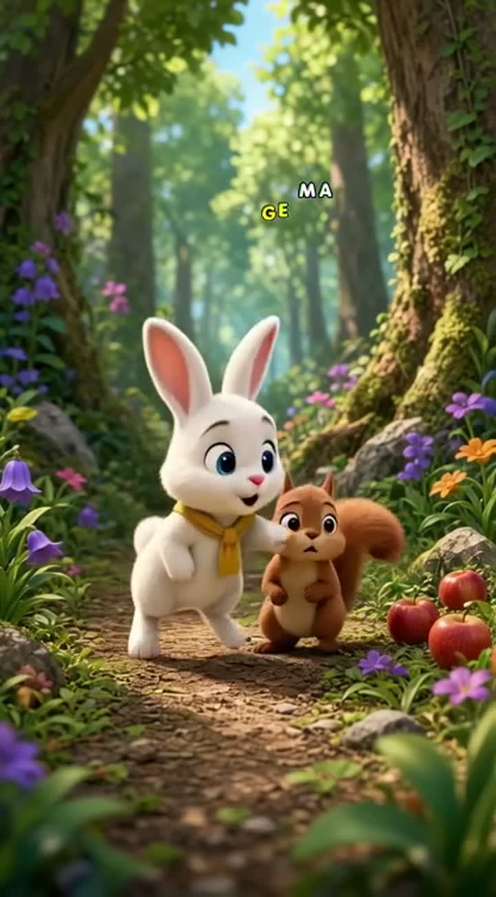 A cute little white rabbit helps a baby squirrel find its lost… — AI cartoon