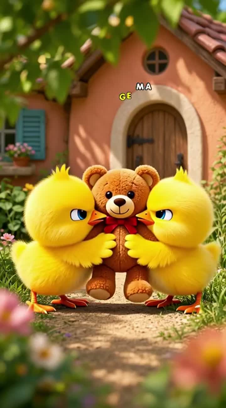 Two cute baby chicks fight over a teddy bear — AI cartoon