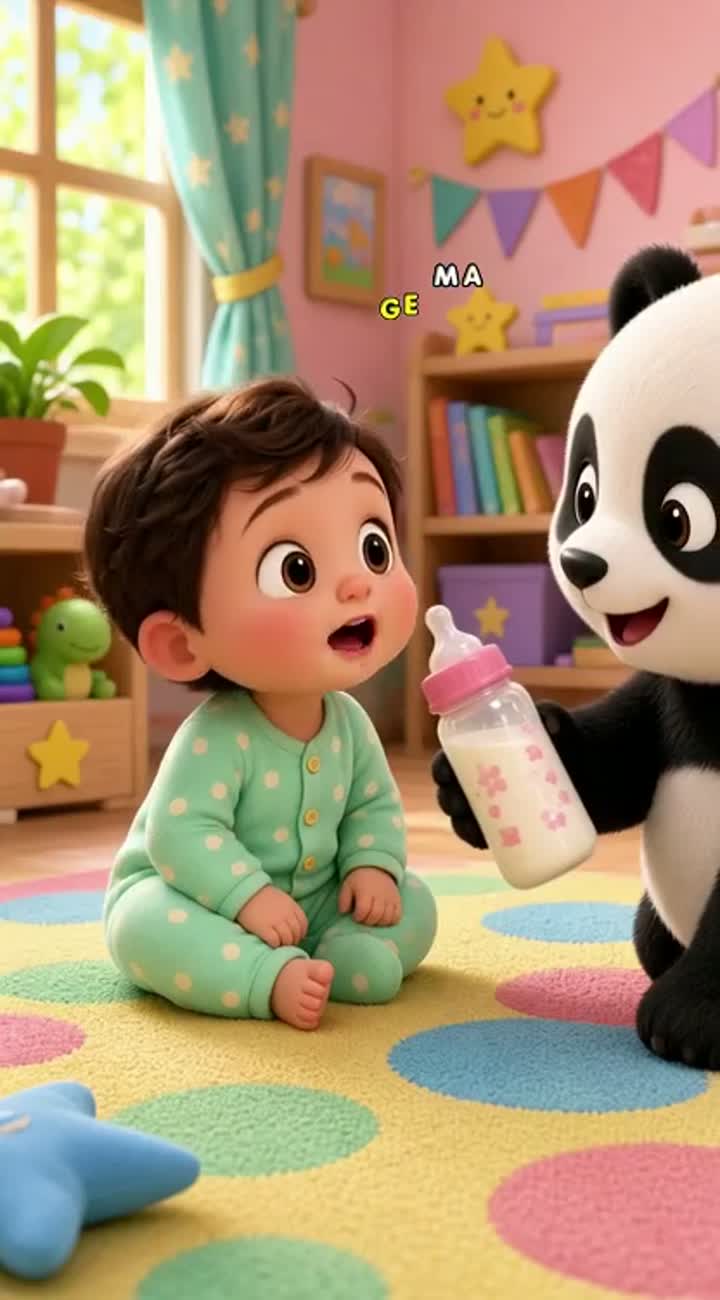 A baby and a panda are together in a cheerful scene — AI cartoon