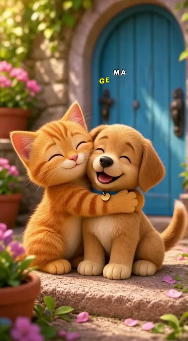 This cute orange kitten and little puppy — AI cartoon