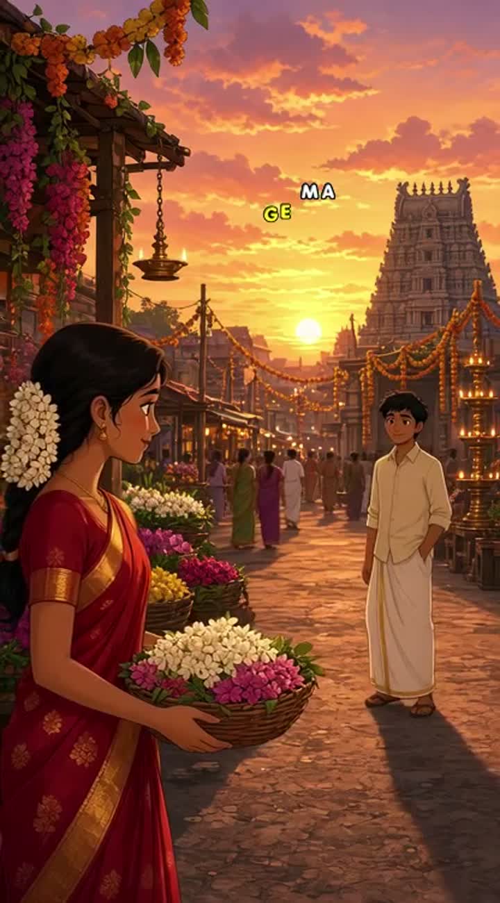 2D animated Tamil village temple festival at sunset — AI cartoon