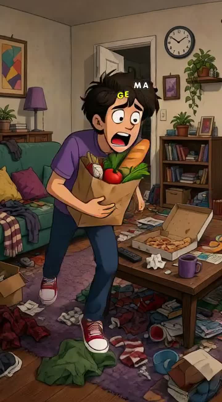 A panicked young man frantically running around a messy living… — AI cartoon