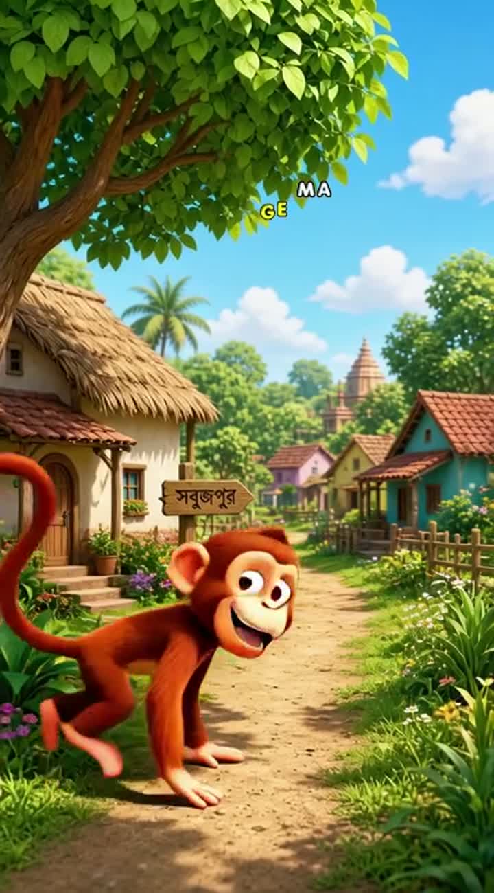 A funny monkey and a clever fox meet in a beautiful green village — AI cartoon
