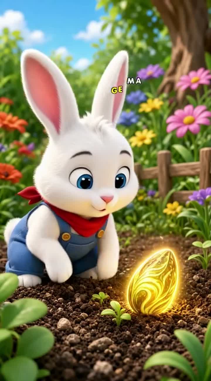 A little white rabbit named Chintu wearing blue overalls and a red… — AI cartoon