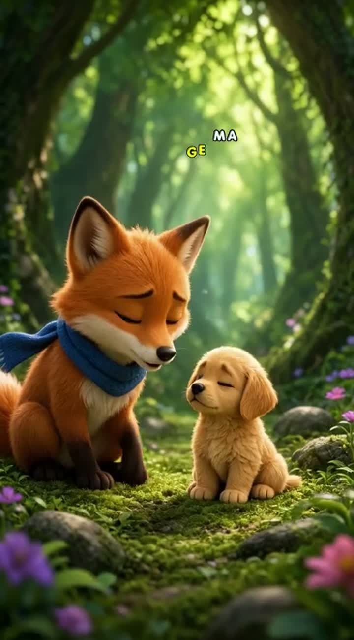 A cute original 3D animated orange fox wearing a blue scarf helps… — AI cartoon