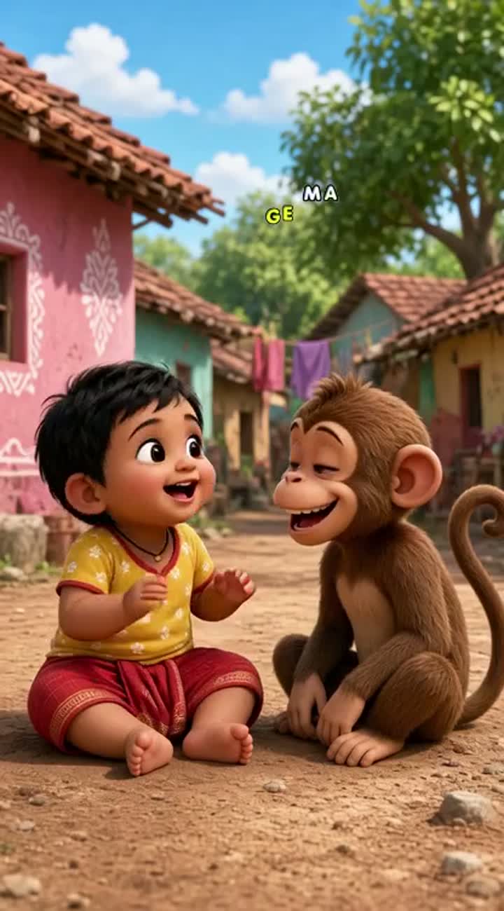 A cute little Indian baby and a funny cartoon monkey talking… — AI cartoon