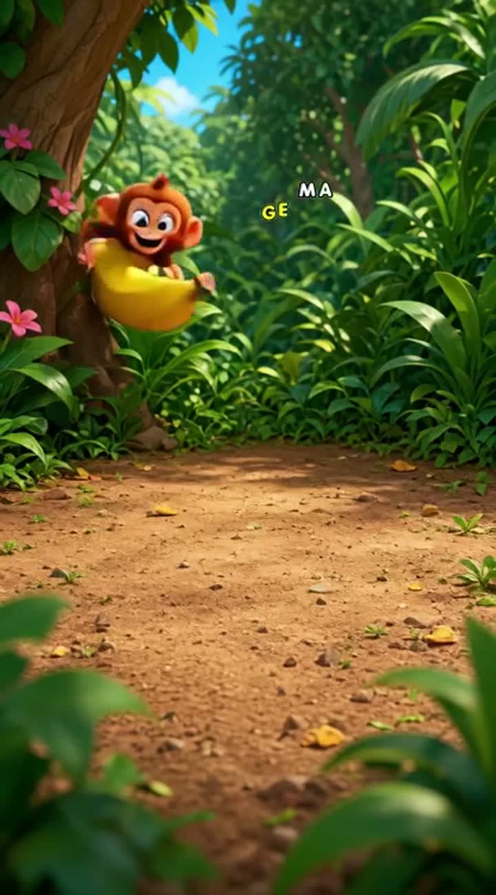 A cute little monkey sees a giant yellow banana on the ground… — AI cartoon