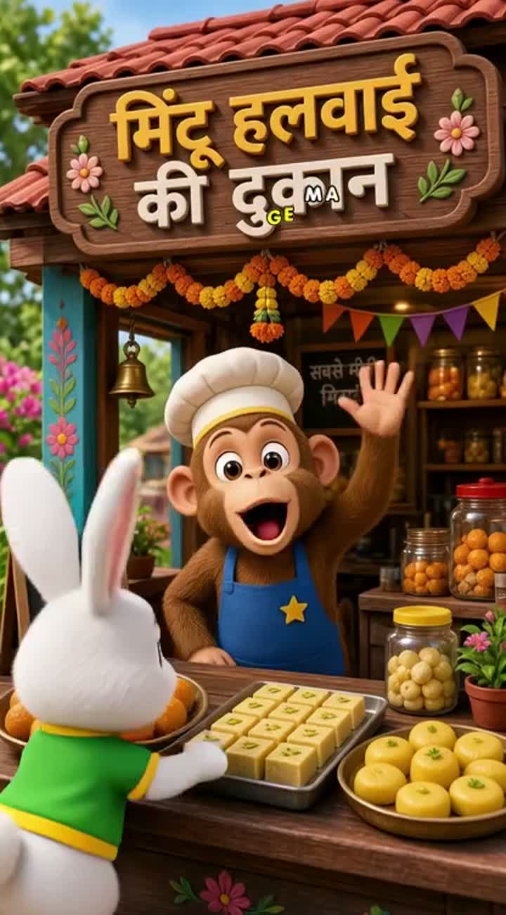 Funny Hindi 3D animated cartoon for kids titled "बंदर बना हलवाई! — AI cartoon