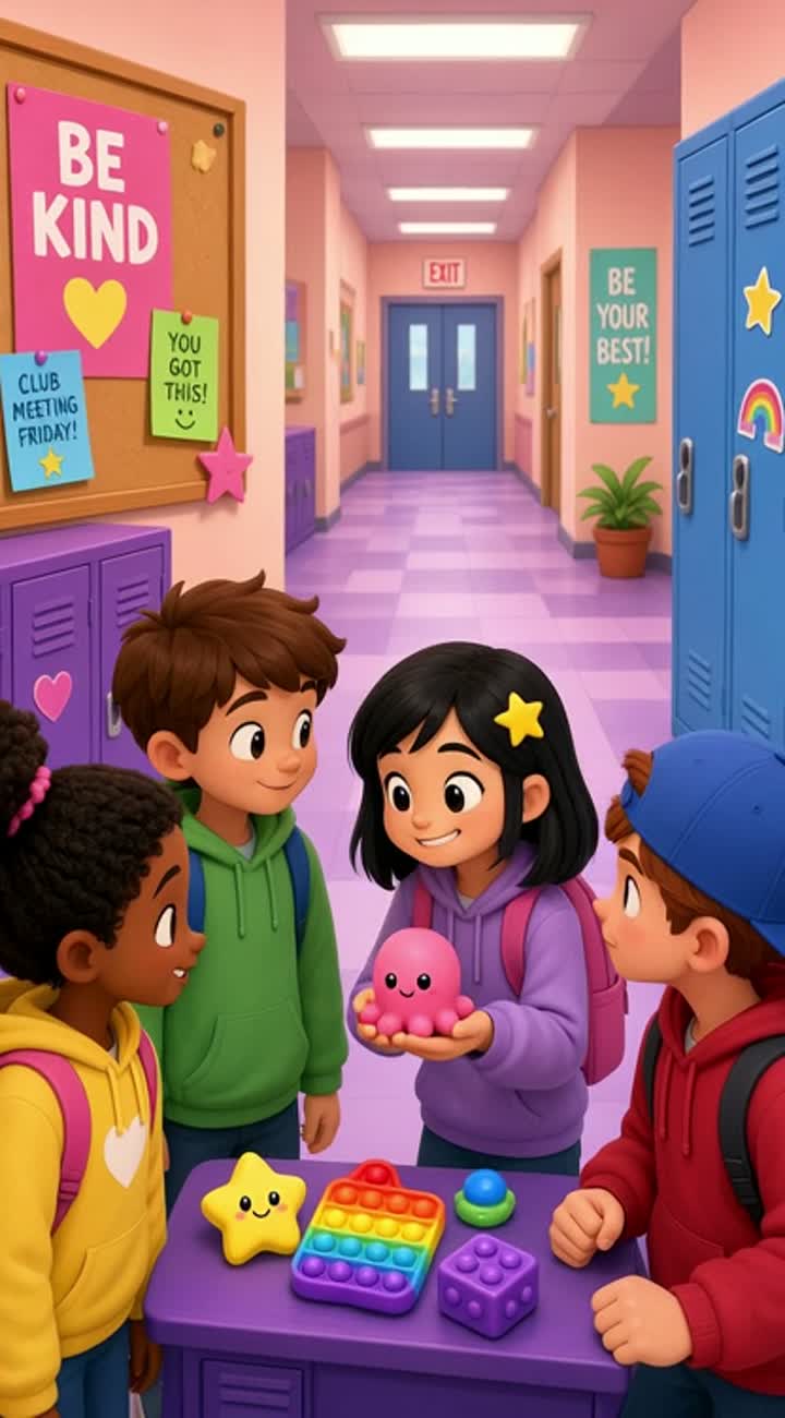 Kids trading squishies and fidgets and one getting mad — AI cartoon