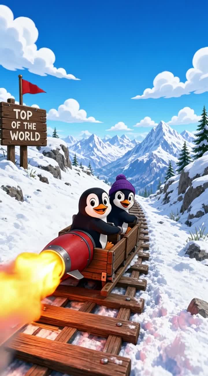 Two penguins racing a homemade rocket sled — AI cartoon