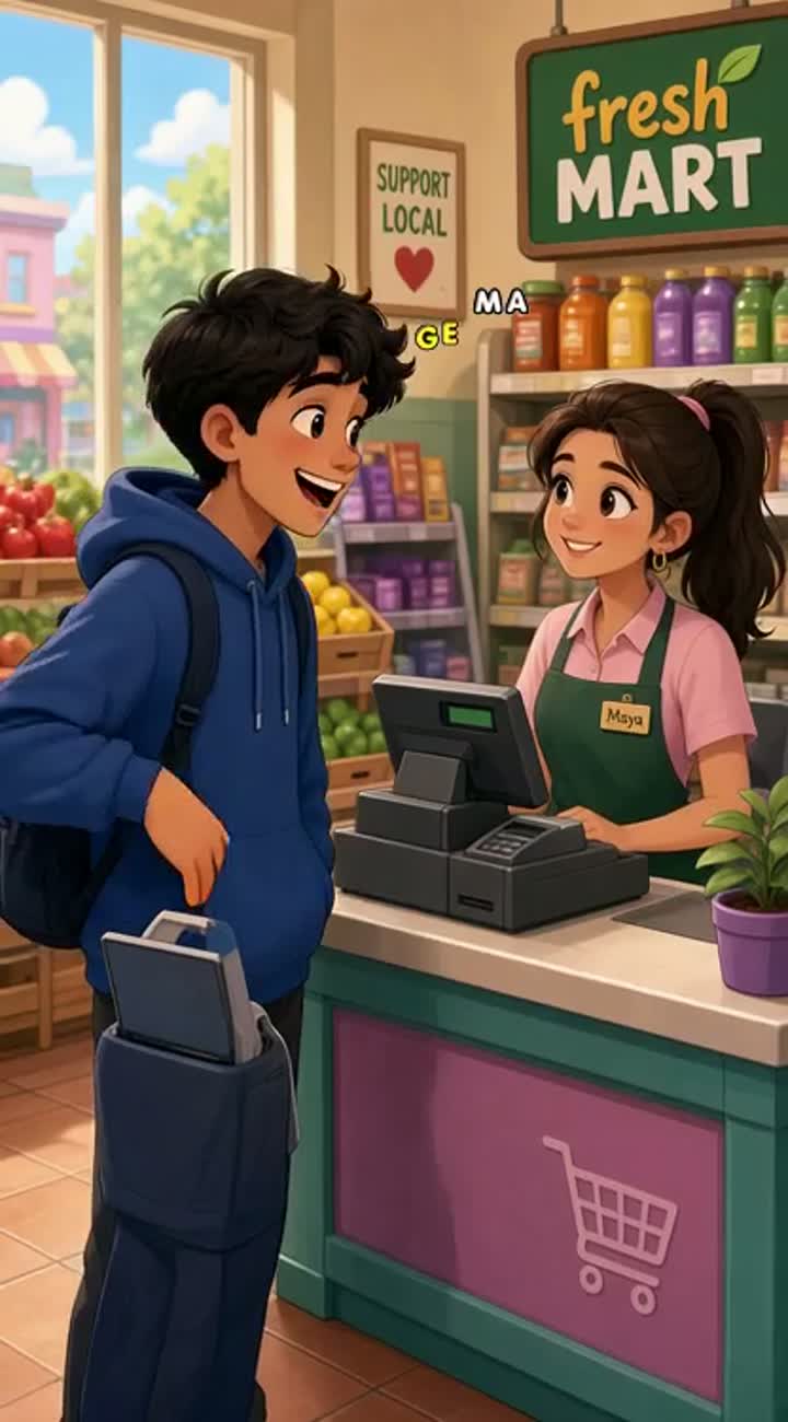 A boy falls in love with the cashier behind the till Animated… — AI cartoon