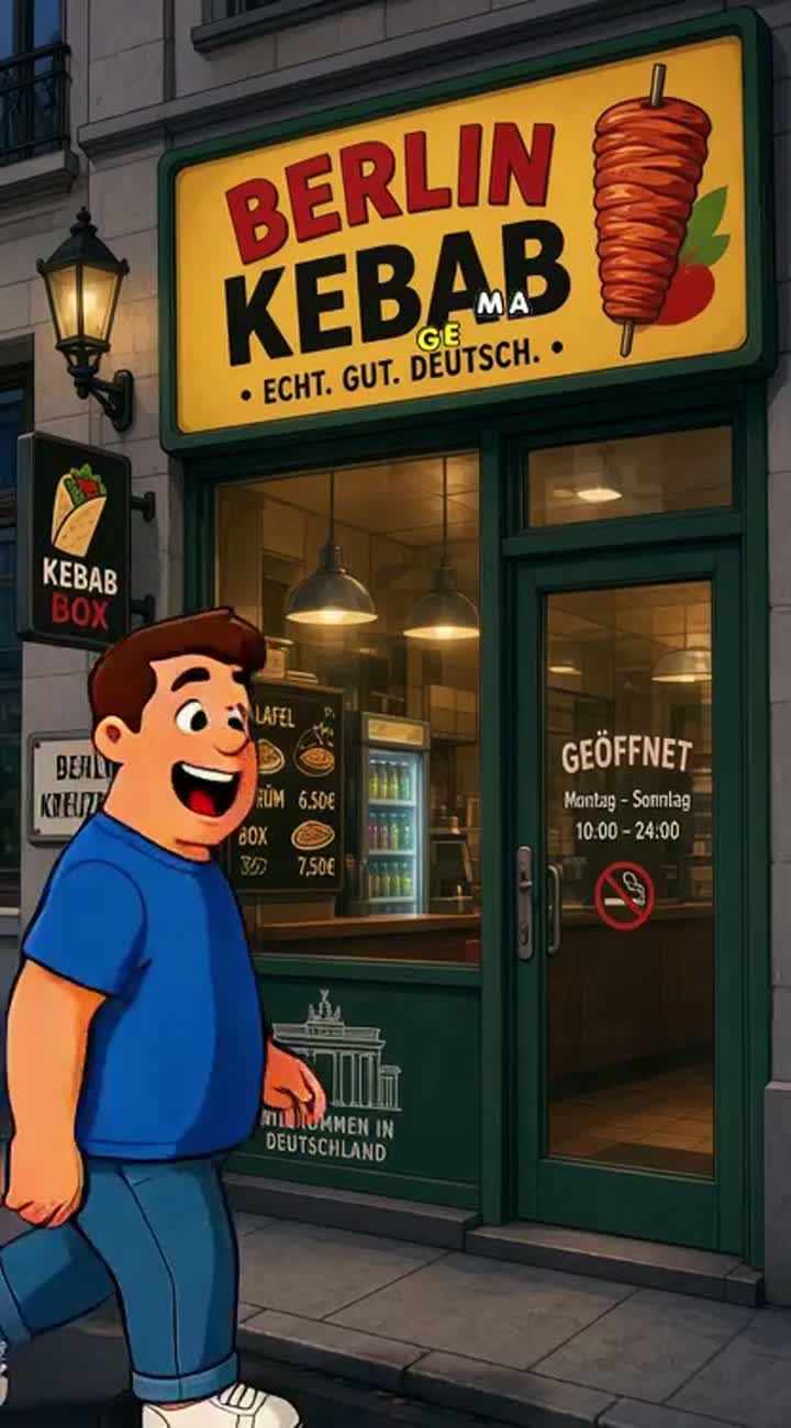 A roughly 20-year old man visiting a German kebab shop, ordering… — AI cartoon