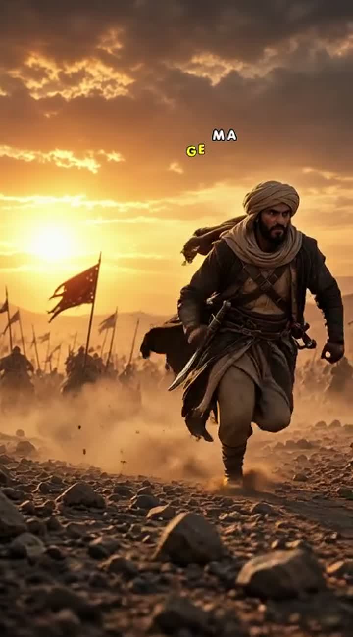 A realistic action movie, a brave Arab warrior running through… — AI cartoon