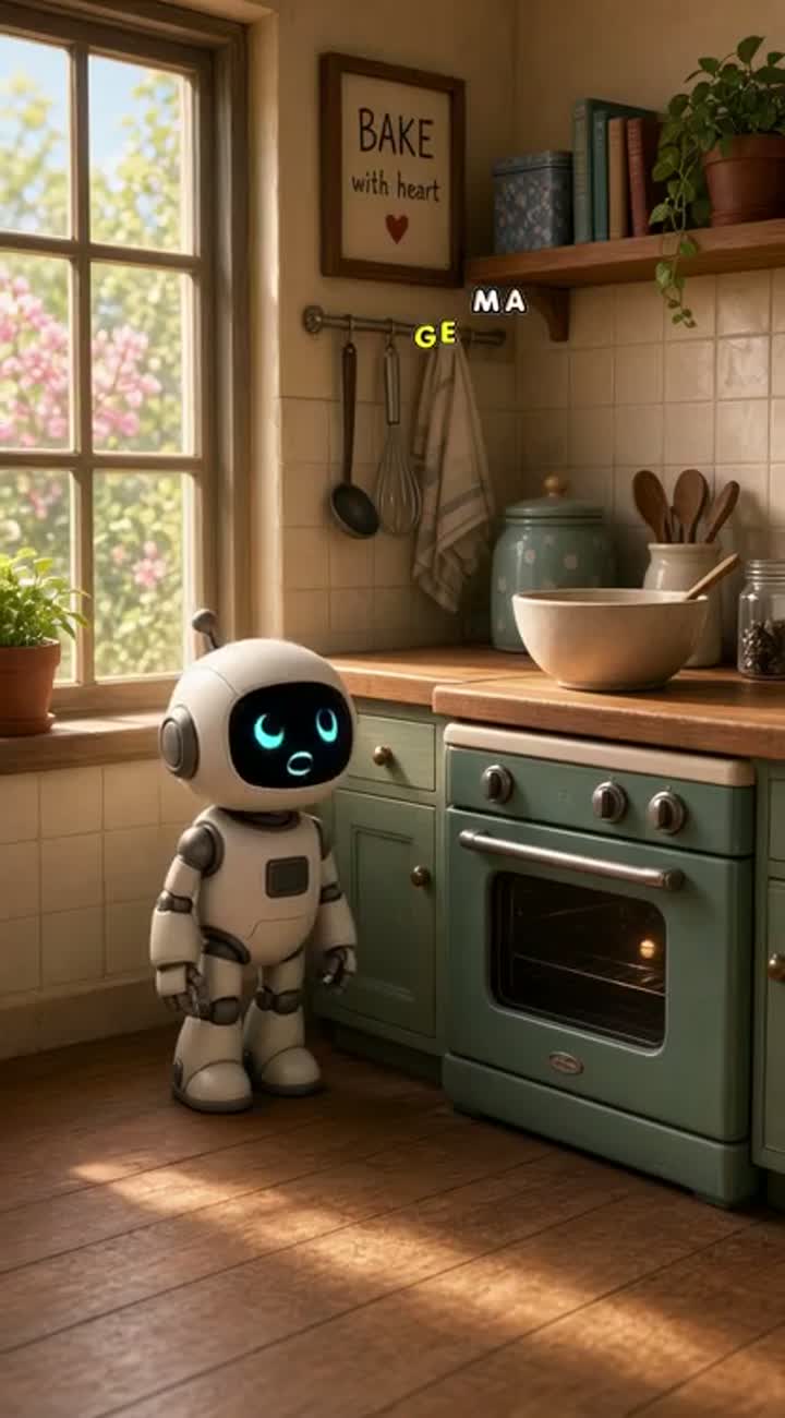 A shy robothttps://gencartoon.com/r/35z94r learns to bake… — AI cartoon
