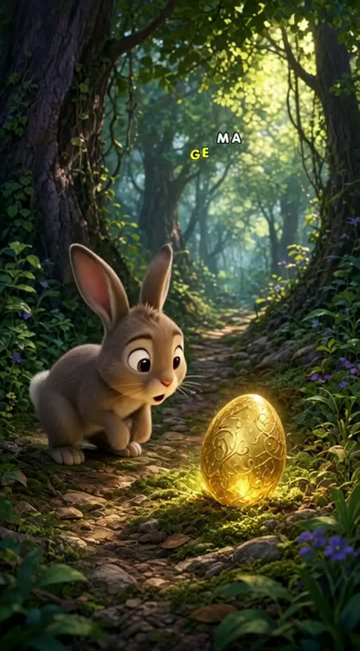 A poor little rabbit finds a magical golden egg in the forest… — AI cartoon