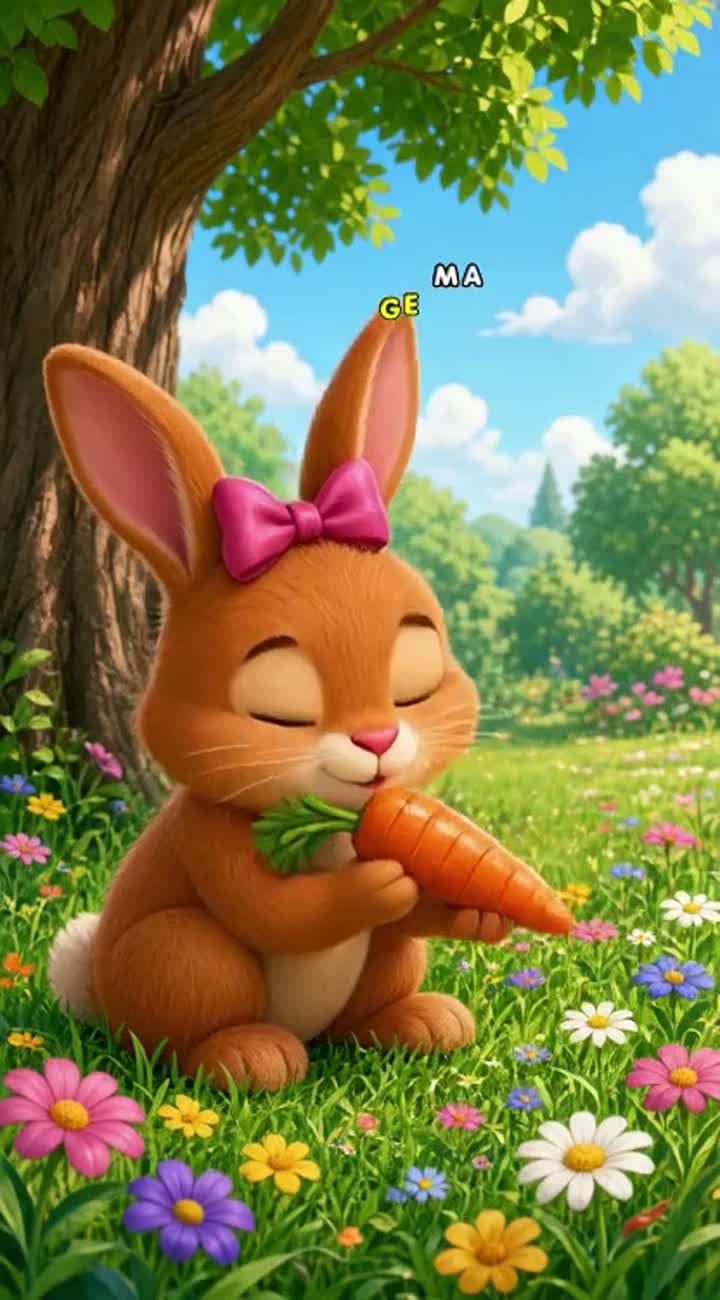 Visual: Ruby the rabbit eats a magical-looking carrot — AI cartoon